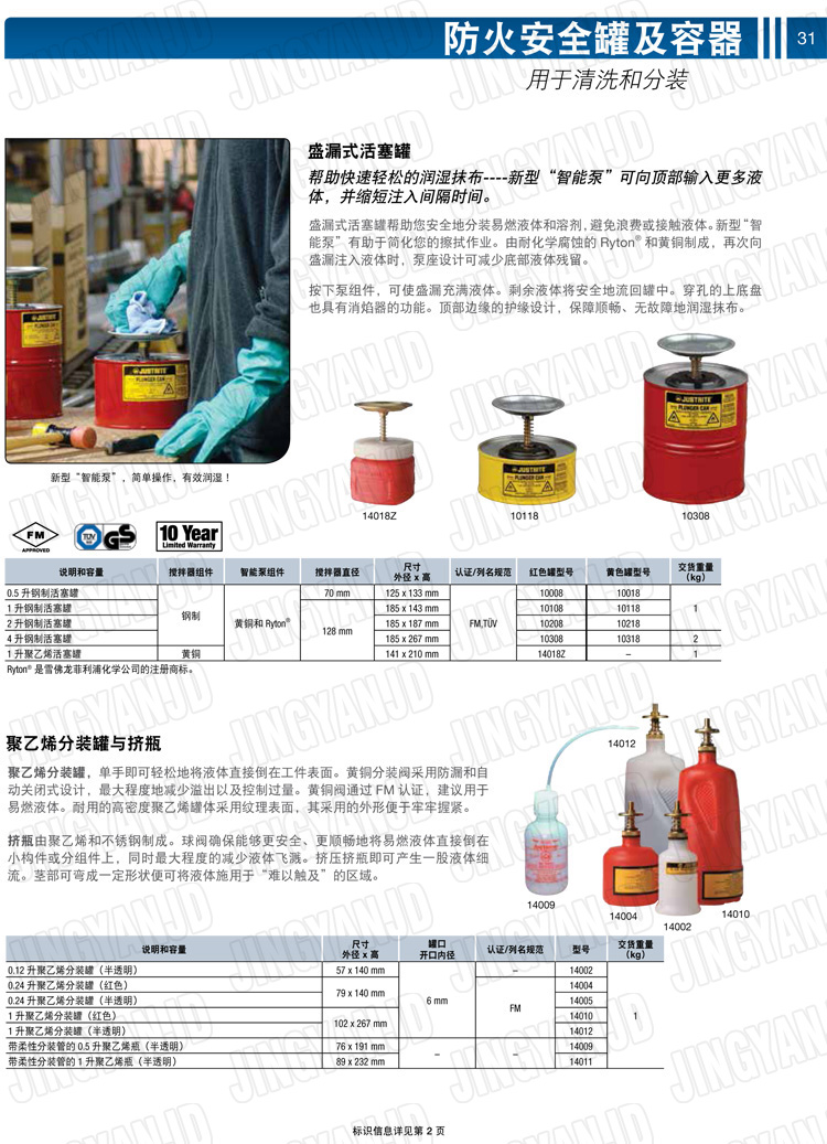 美國杰斯瑞特，JUSTRITE，活塞安全罐，盛漏式活塞罐，化學(xué)品分裝罐，